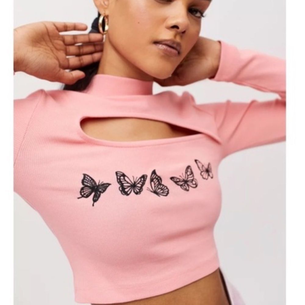 Urban Outfitters Y2K pink size small embroidered butterfly cutout crop top